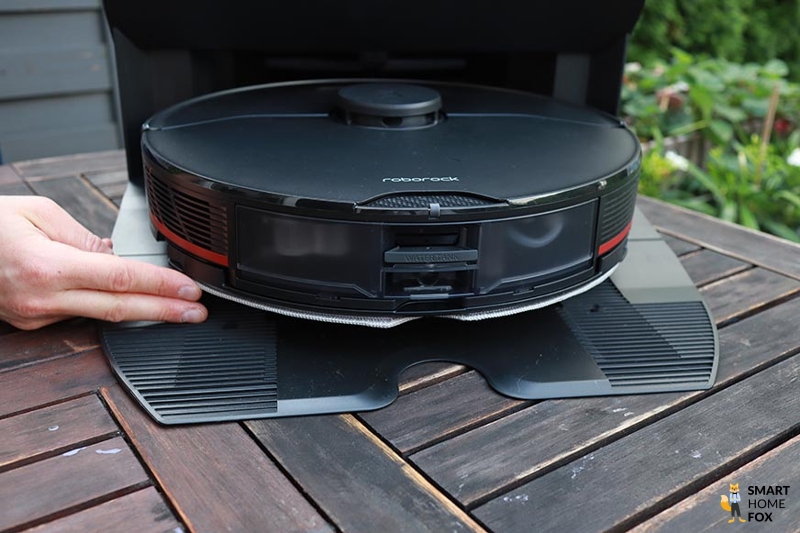 The Roborock S7 MaxV Ultra mop remains in the raised position after cleaning is complete.